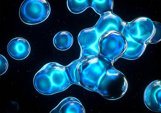 Glowing blue liquid spheres floating in dark space, abstract fluid science background.
