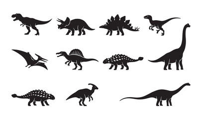 Set of black dinosaur silhouettes including various prehistoric animals and reptiles © Jahanara