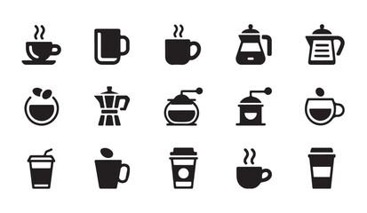 Obraz premium Minimalist coffee and tea equipment icons including grinder moka pot mugs and takeaway cups for cafe design.