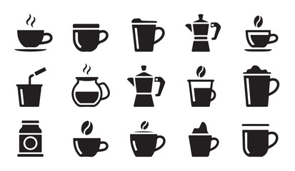 Obraz premium Assorted coffee cup icons in solid black silhouette style for cafe menu design and beverage shop branding.