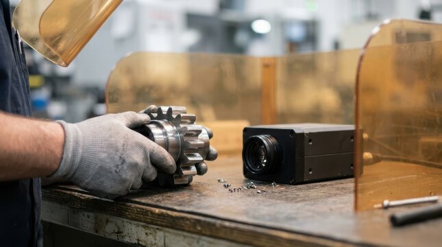 Engineer holding a finished gear part beside a vision inspection sensor, metal shavings, and safety shields.