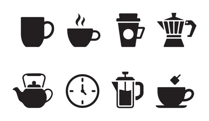 Obraz premium Essential coffee icons including mugs, teapots, and a timer for morning routines.