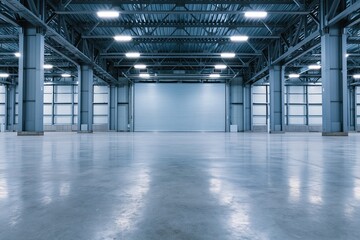 Obraz premium The Empty Industrial Warehouse Interior Bathed in Bright Overhead Lighting