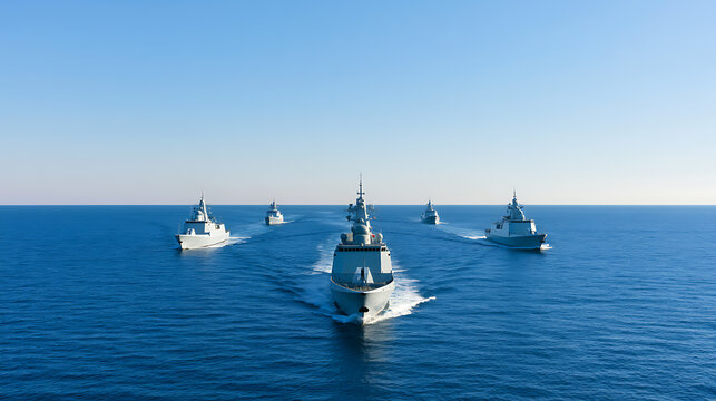 A powerful naval fleet of military warships cruise together in formation across the vast blue ocean water under a clear daytime sky in top view