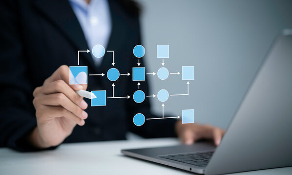 Business professional designing digital workflow diagram with connected process blocks and arrows using stylus for strategic planning automation and process management in workplace