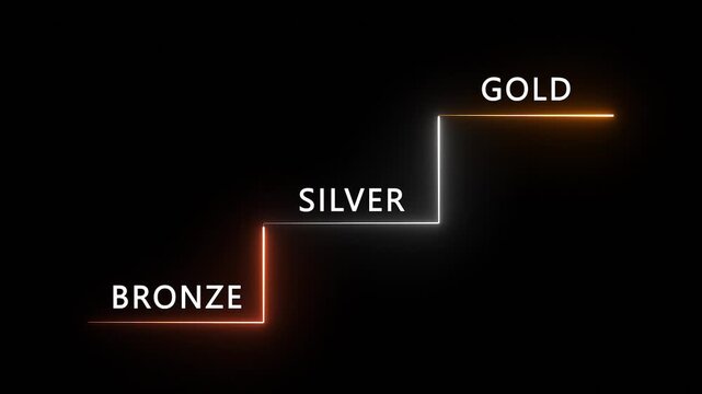 Bronze, silver, and gold ranking levels progression neon animation on black background for award, reward