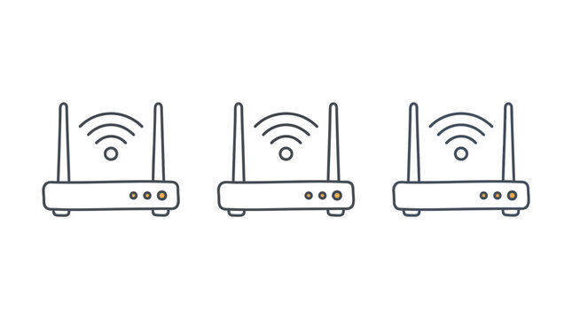 Set of three hand-drawn wifi router icons with antennas and signal waves on white background, perfect for network technology illustrations, web interface design and home office connectivity concepts