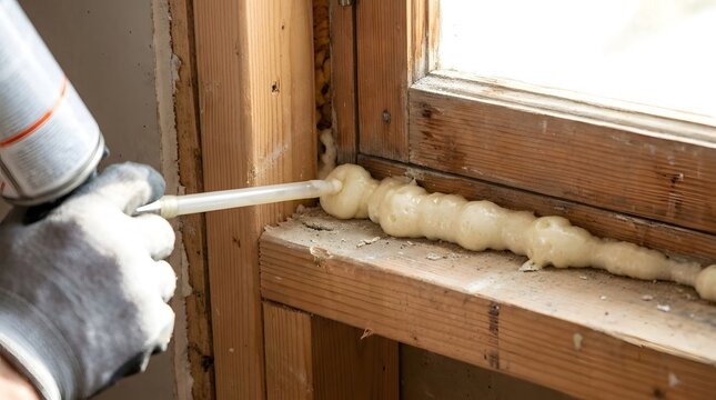 Worker applying expanding polyurethane spray foam insulation to seal gaps in a wooden window frame for project.