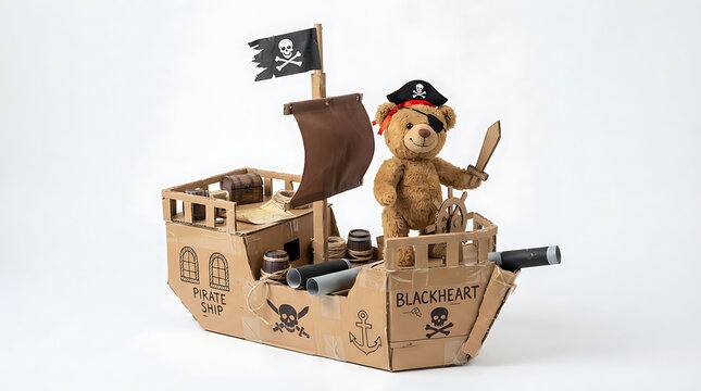 A teddy bear dressed as a pirate stands at the helm of a cardboard ship, wearing a black skull-and-crossbones hat and an eye patch while holding a toy cutlass, surrounded by hand-drawn windows
