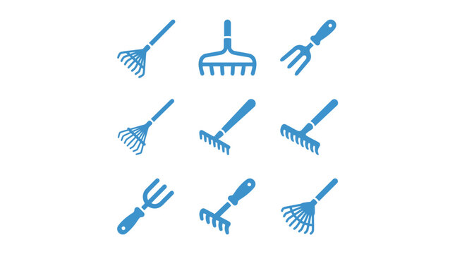 Assorted garden rakes and claw cultivator icons.