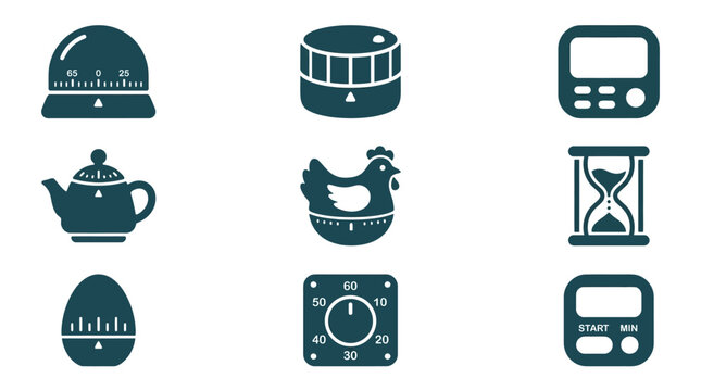 Assorted kitchen timers including mechanical, sand, and digital versions.