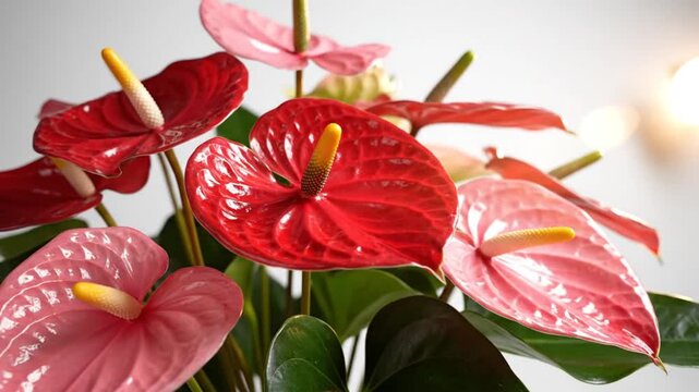 Close-up of vibrant red and pink anthurium flowers with glossy textures and details, decorative floral arrangement