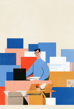 Figure Packing Up a Desk With a Calm Resolute Expression, Leaving a Job Concept