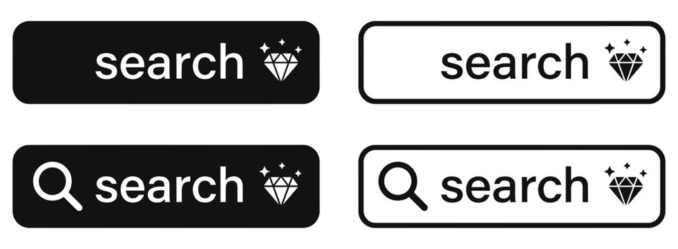 Four search button variations with magnifying glass and diamond icon designs