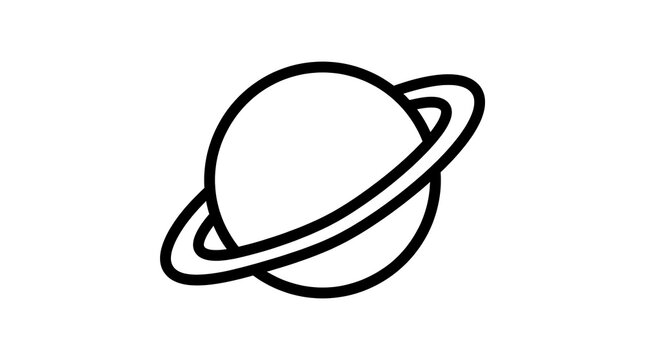 Minimalist planet icon with rings, simple black line art vector illustration of Saturn.