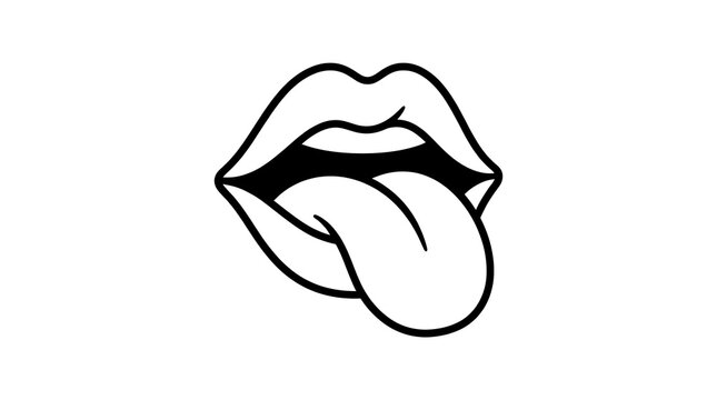 Black and white line art illustration of human lips sticking out a tongue.