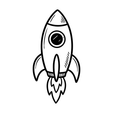 Hand drawn rocket ship doodle icon for space travel and startup business launch concepts