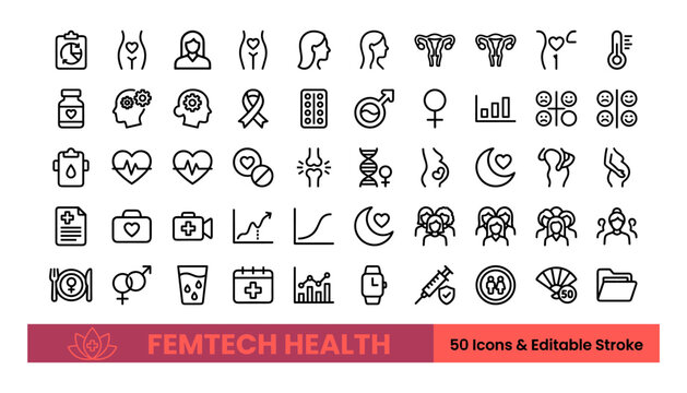 Set of 50 femtech health and women wellness line icons