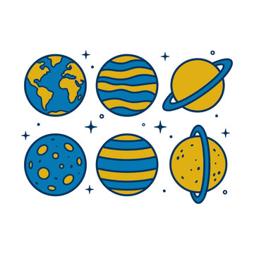 Set of hand drawn space planets and stars in blue and yellow flat vector illustration