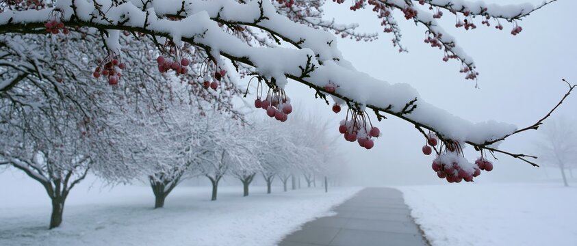 The Snowy Path Under Blooming Branches in Winter Mist Along a Quiet Avenue