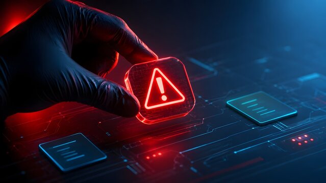 Gloved hand activating glowing red warning icon on digital interface, symbolizing cybersecurity threat and data breach