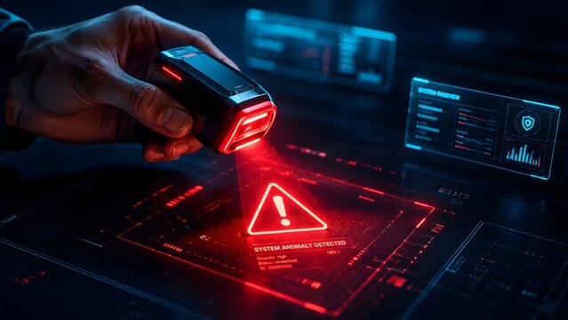 Hand scanning a digital interface displaying 'System Anomaly Detected' with a red warning sign, illustrating cybersecurity threat or data breach