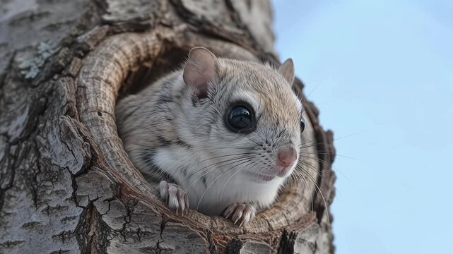 Cute Flying Squirrel Peeking Out From Tree Trunk Hole