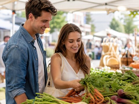 Junges Paar kauft frisches regionales Gem&uuml;se auf einem amerikanischen Bauernmarkt &ndash; lokales Reiseerlebnis mit gesunder Ern&auml;hrung, Nachhaltigkeit und authentischem Genuss.