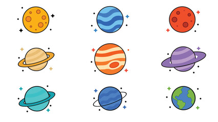 Cute Colorful Planet Icons Collection With Space Worlds Stars And Cosmic Elements For Kids © Graphics Tree