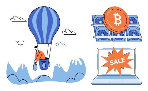 Hot air balloon over waves, bitcoin mining rig, and laptop sale vector illustration. Finance, investment, digital currency, market crash, online shopping, technology. Crypto assets trading
