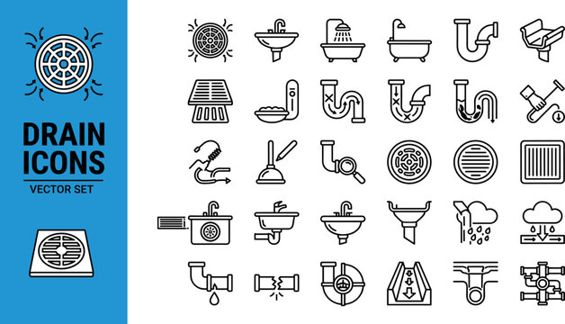 Drain and Plumbing Line Icon Vector Set for Home Repair Graphic DesignsDrain and Plumbing Line Icon Vector Set for Home Repair Graphic Designs