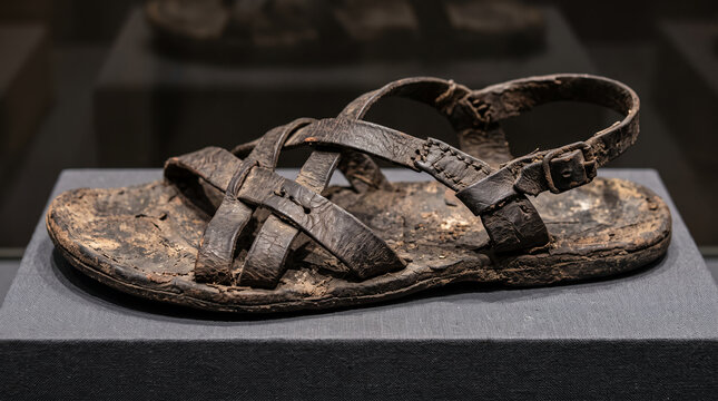 Ancient leather sandal preserved as archaeological museum artifact, historic footwear and craftsmanship