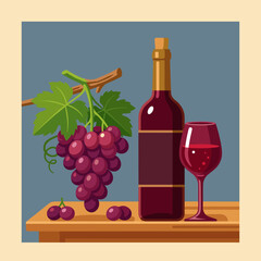 Obraz premium Still life vector art featuring a dark red wine bottle, a filled wine glass, and a large cluster of ripe purple grapes with a green vine on a wooden table against a blue background.