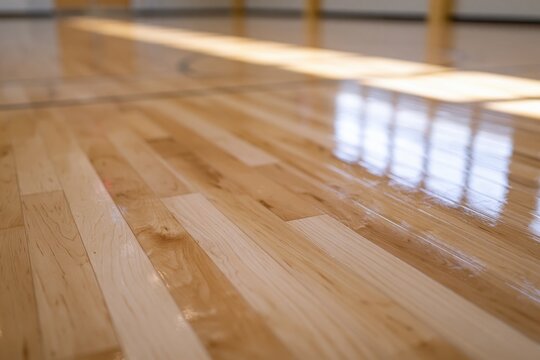 The Polished Hardwood Gym Floor Reflecting Bright Indoor Light Across Gleaming Surface