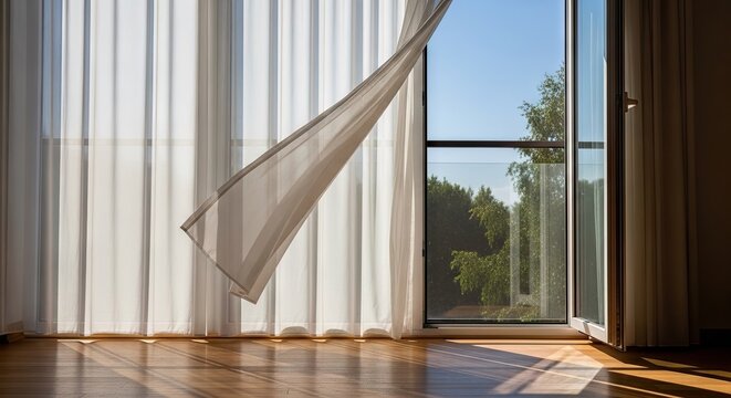 White curtain blowing in open balcony window