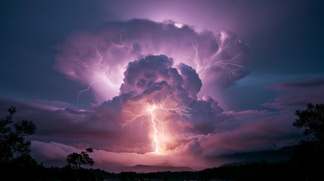 powerful lightning bolt striking through dramatic storm clouds over coastal water at dusk extreme weather concept