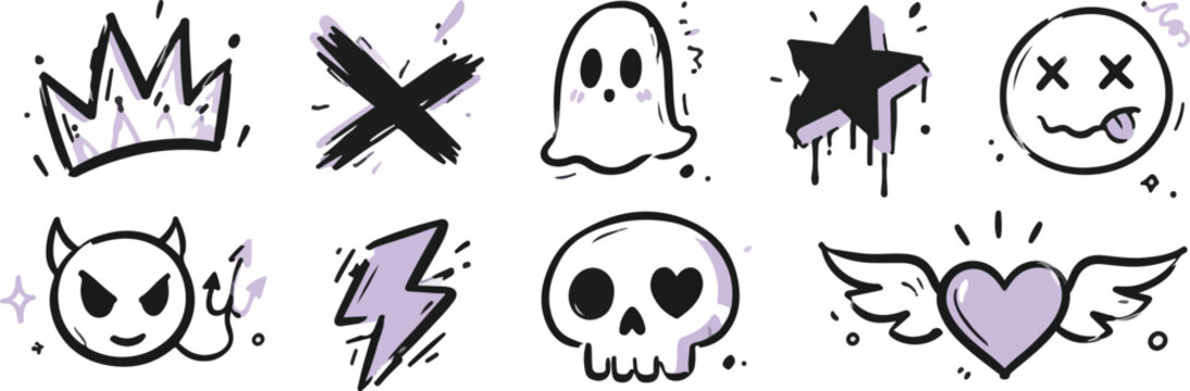 A Playful Gothic Doodle Icon Set with Ghost, Skull, Devil Face and Winged Heart