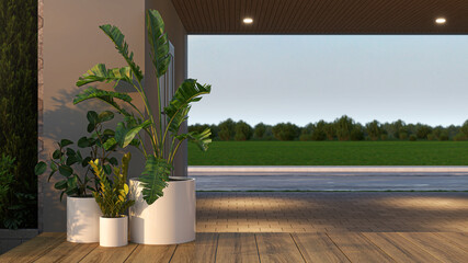 Obraz premium Outdoor patio area featuring modern white planters with lush tropical plants on a wooden deck, looking out toward an empty road and green meadow. This is a high-quality 3D rendering.