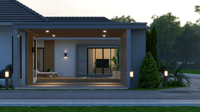 Modern contemporary single-story house exterior featuring a wooden deck patio, sliding glass doors, and warm architectural lighting at dusk. This is a high-quality 3D rendering.