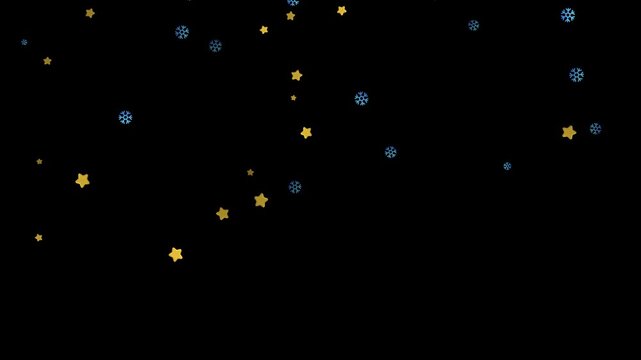 Golden star shapes and blue circular dots on a black background. Great for festive designs, celebrations, invitations, and artistic projects.
