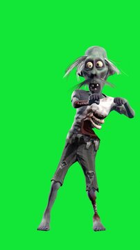 unny and creepy zombie dancing isolated on a green screen. Halloween 3D animation for greeting cards, invitations, posters, holiday events, parties