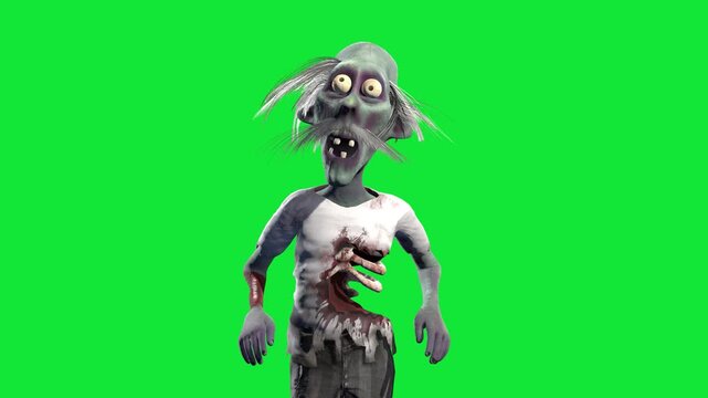 unny and creepy zombie dancing isolated on a green screen. Halloween 3D animation for greeting cards, invitations, posters, holiday events, parties