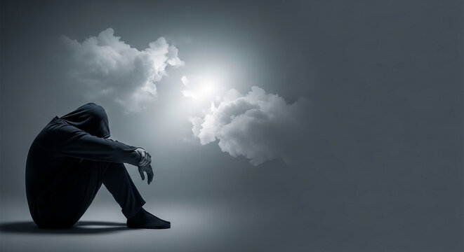 Silhouette of a hooded person with head down, next to soft clouds and light, symbolizing contemplation, loneliness, or despair.