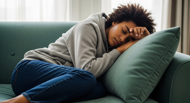 Woman sleeping on a sofa with her head resting on a pillow, wearing a hoodie and jeans, representing rest, fatigue, or stress.