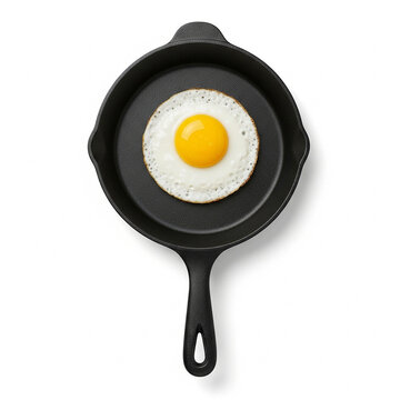 A single sunny side up fried egg cooked in a small black cast iron skillet, isolated on white background