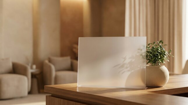 Frosted acrylic sign mockup on a wooden desk in a serene spa with soft lighting and curtains.