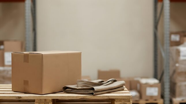 Cardboard shipping box on wooden pallet in industrial warehouse with copy space warehouse storage parcel delivery packaging supply industrial background brown cardboard logistics supply