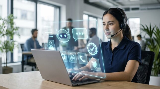 AI Customer Support Agent Using Chatbot Assistant With Holographic Help Desk Interface