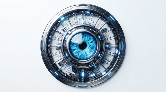 Futuristic robotic eye with blue iris and complex mechanical metal details on white background