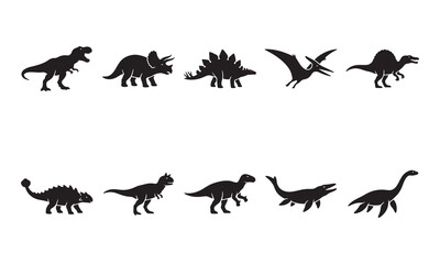 Set of ten different dinosaur silhouettes including t-rex triceratops and flying reptiles © visualsroman